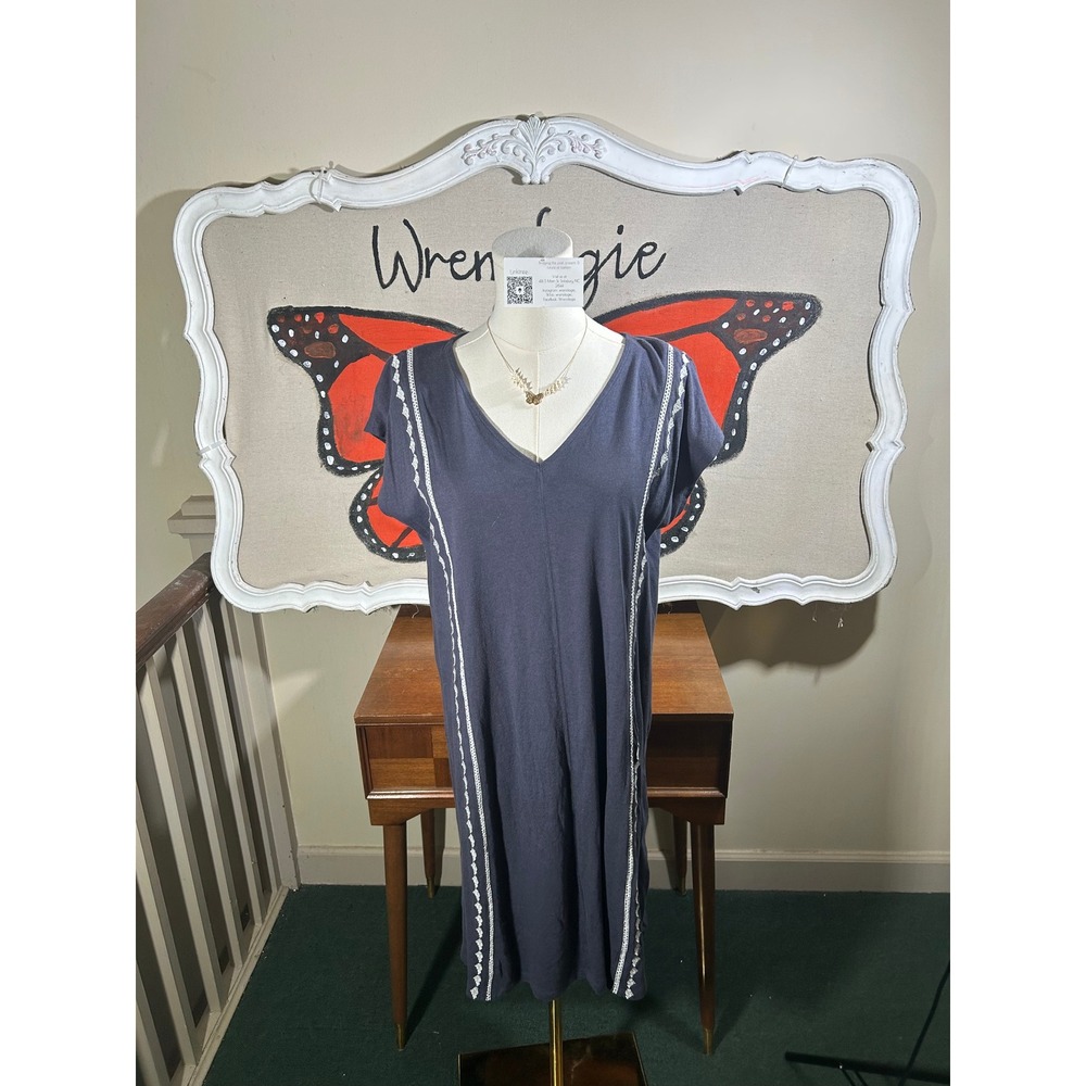 Pure Jill J Jill Embroidered Cap Sleeve Dress Gray Navy Cotton Modal Petite M